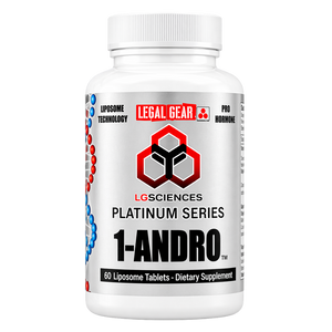A supplement bottle for 'LG Sciences 1-Andro' on a white background