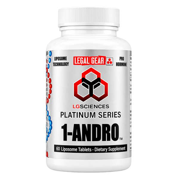 A supplement bottle for 'LG Sciences 1-Andro' on a white background