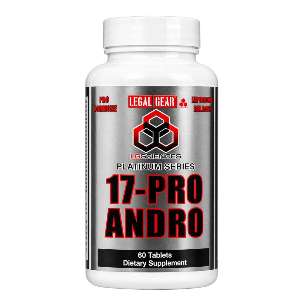 Supplement bottle labeled '17-Pro Andro' by Legal Gear on a white background