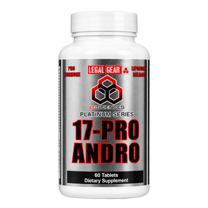 Supplement bottle labeled '17-Pro Andro' by Legal Gear on a white background