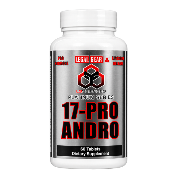 Supplement bottle labeled '17-Pro Andro' by Legal Gear on a white background