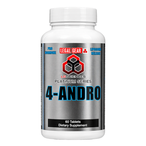 Supplement bottle labeled '4-Andro' with branding on a white background