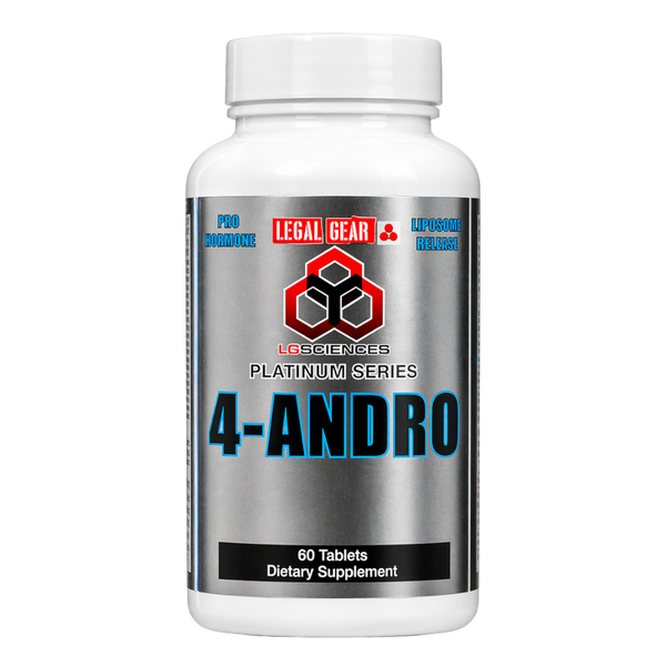 Supplement bottle labeled '4-Andro' with branding on a white background