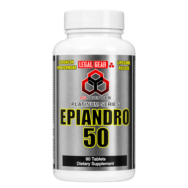 Supplement bottle labeled 'Epiandro 50' by Legal Gear on a white background