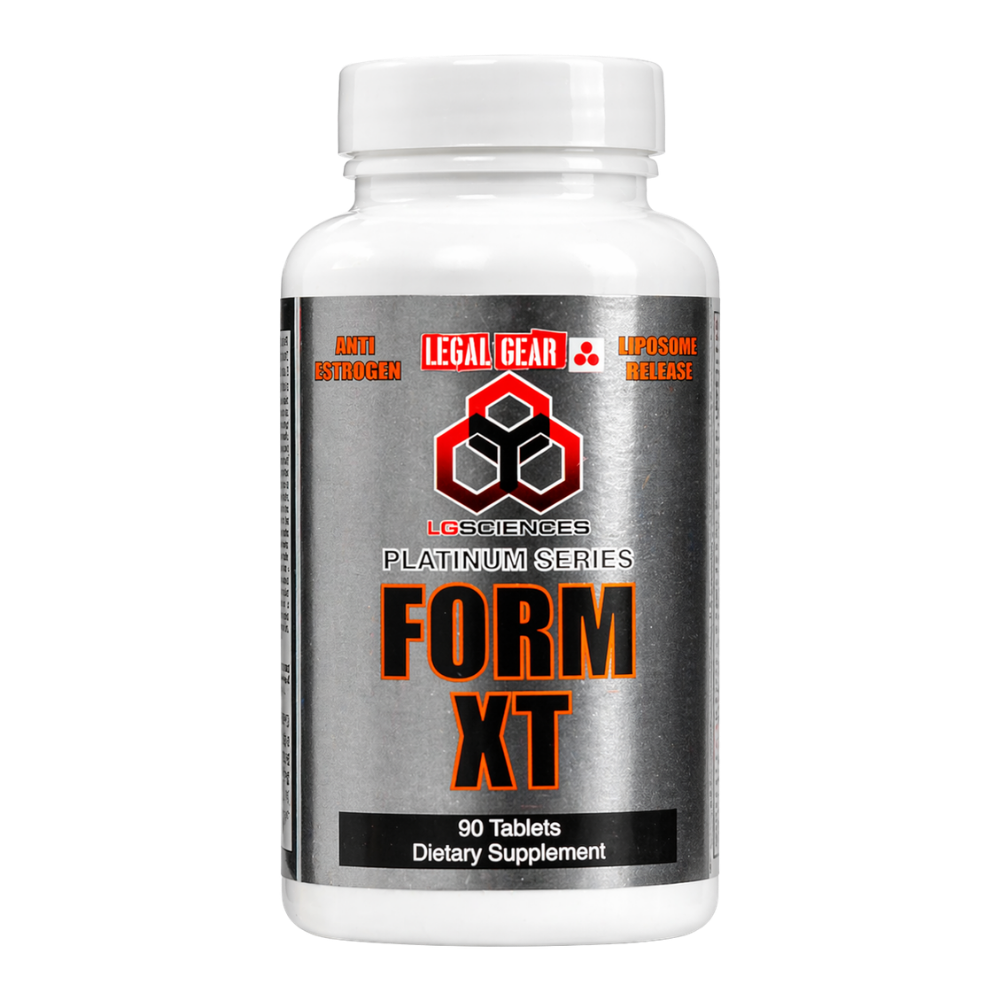 A supplement bottle labeled 'LG Sciences Form-XT'