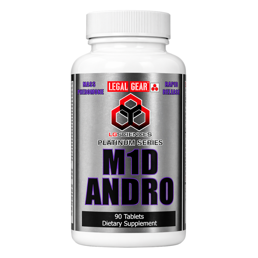 A supplement bottle labeled 'LG Sciences M1D Andro" on a white background.