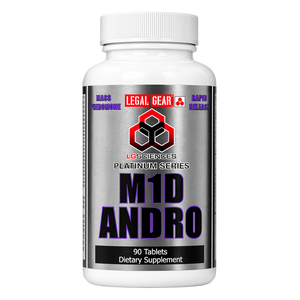 A supplement bottle labeled 'LG Sciences M1D Andro" on a white background.