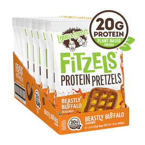Box of Lennox Farms Fitzel's Protein Pretzels Beastly Buffalo flavor with protein content label.