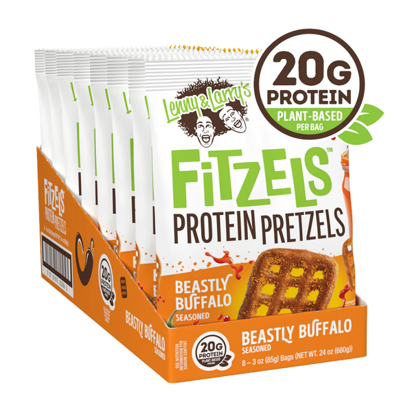 Box of Lennox Farms Fitzel's Protein Pretzels Beastly Buffalo flavor with protein content label.