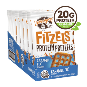 Box of Lenny & Larry's Fitzel's Protein Pretzels Caramel Fix flavor with packaging details.
