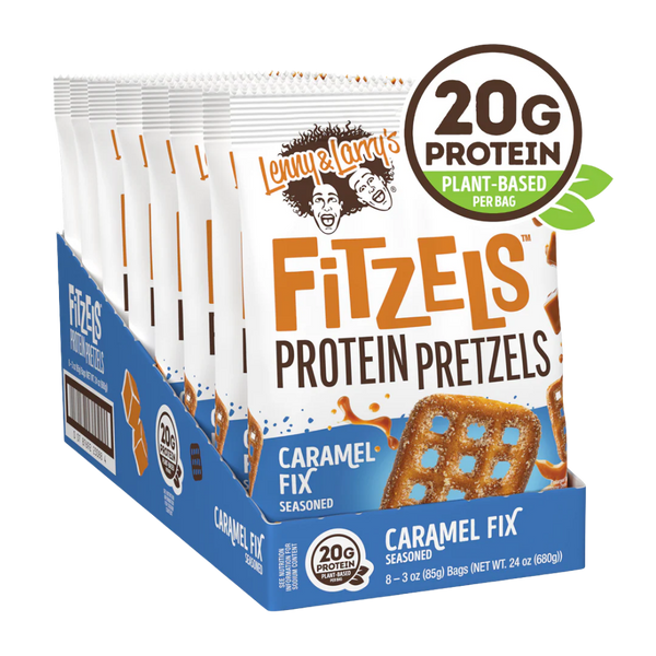 Box of Lenny & Larry's Fitzel's Protein Pretzels Caramel Fix flavor with packaging details.