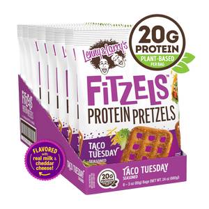 Box of Lenny & Larry's Fitzel's Protein Pretzels Taco Tuesday flavor with protein content label.