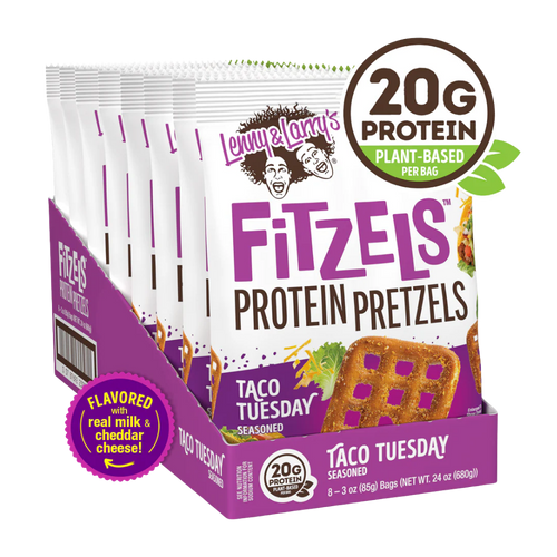 Box of Lenny & Larry's Fitzel's Protein Pretzels Taco Tuesday flavor with protein content label.