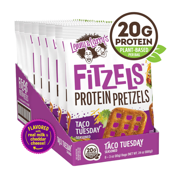 Box of Lenny & Larry's Fitzel's Protein Pretzels Taco Tuesday flavor with protein content label.