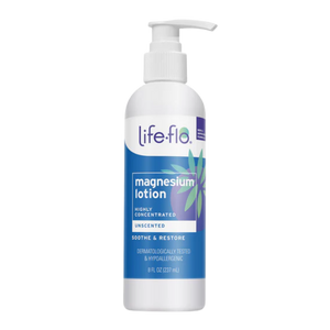 A bottle of Life-Flo Magnesium Lotion, 8 fl oz, featuring a white pump bottle with a blue and white label on a solid white background.