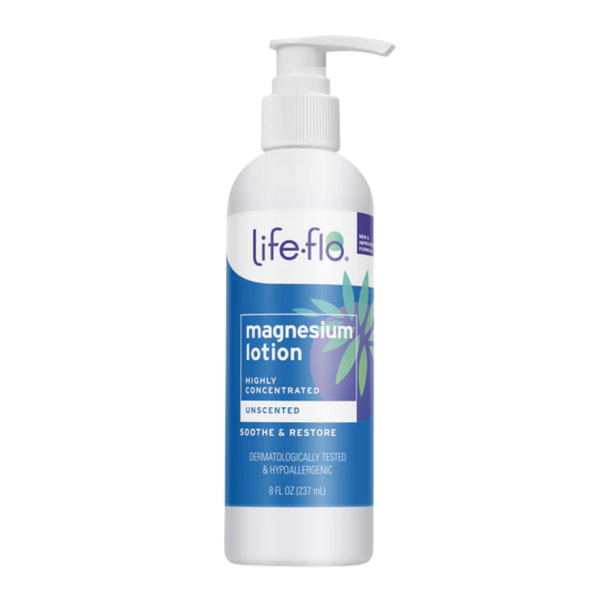 A bottle of Life-Flo Magnesium Lotion, 8 fl oz, featuring a white pump bottle with a blue and white label on a solid white background.