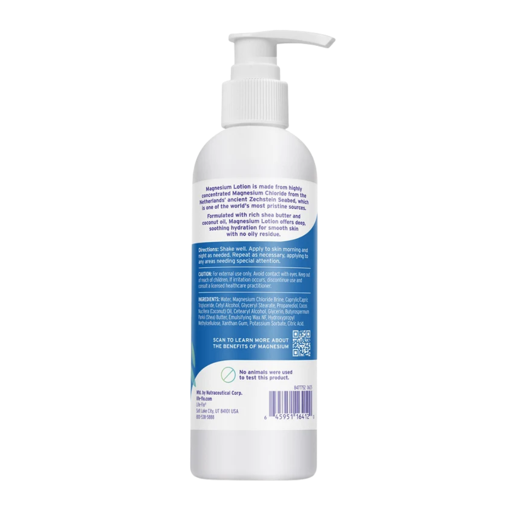A bottle of Life-Flo Magnesium Lotion, 8 fl oz, featuring a white pump bottle with a blue and white label on a solid white background.