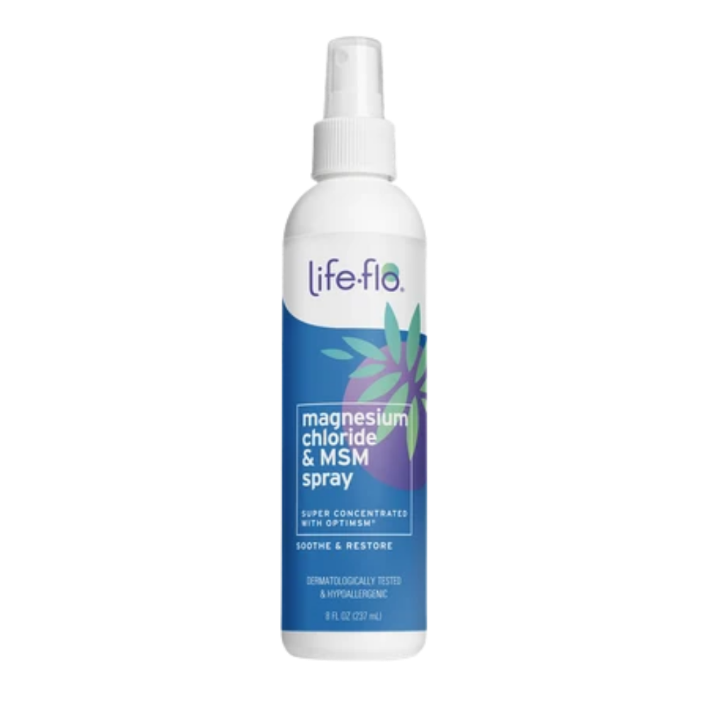 Life-flo Magnesium Chloride & MSM Spray in a white plastic spray bottle with a blue label, shown on a plain white background.