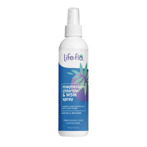 Life-flo Magnesium Chloride & MSM Spray in a white plastic spray bottle with a blue label, shown on a plain white background.
