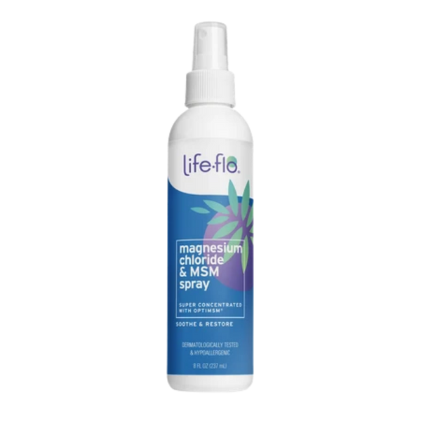 Life-flo Magnesium Chloride & MSM Spray in a white plastic spray bottle with a blue label, shown on a plain white background.