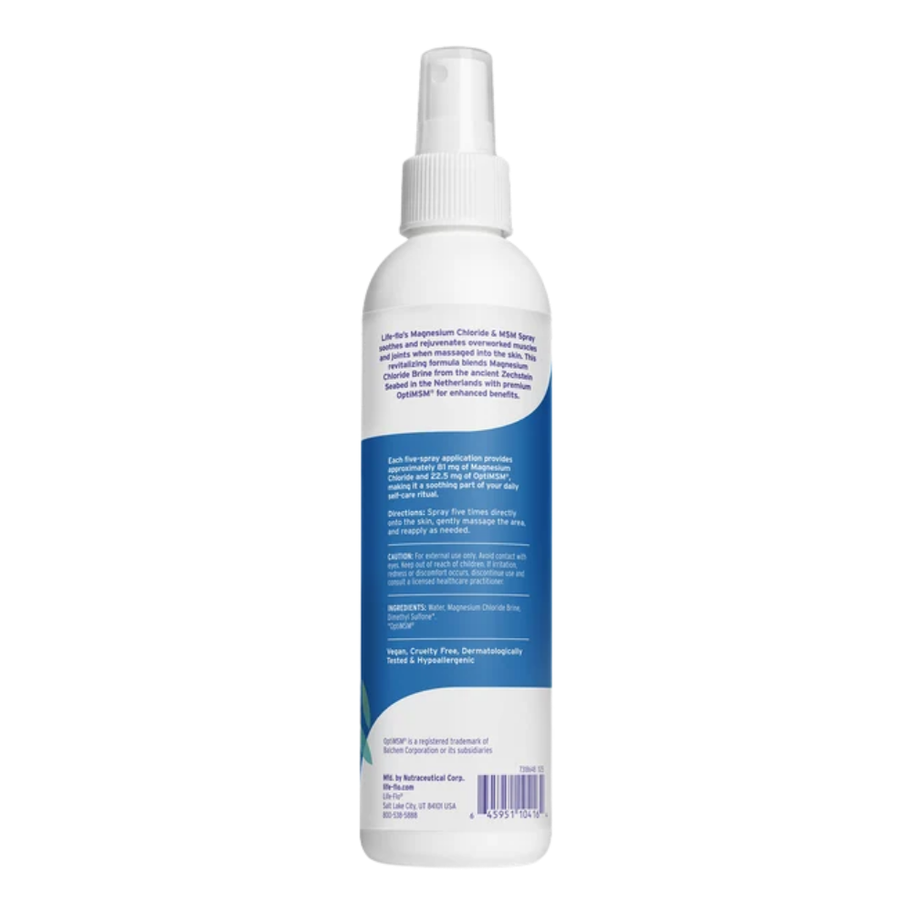 Life-flo Magnesium Chloride & MSM Spray in a white plastic spray bottle with a blue label, shown on a plain white background.