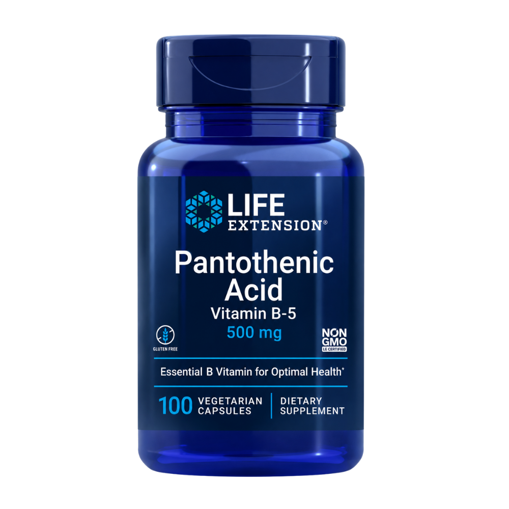 Life Extension Pantothenic Acid (Vitamin B5) 500mg 100 Capsules bottle on a white background