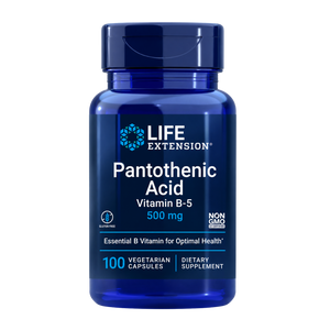 Life Extension Pantothenic Acid (Vitamin B5) 500mg 100 Capsules bottle on a white background