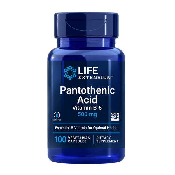 Life Extension Pantothenic Acid (Vitamin B5) 500mg 100 Capsules bottle on a white background
