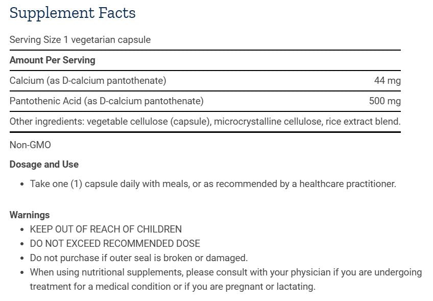 Life Extension Pantothenic Acid (Vitamin B5) 500mg 100 Capsules bottle on a white background