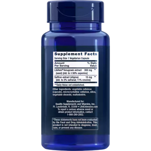 Life Extension Sexual Health For Her 60 Capsule Supplement Facts on the back of the bottle