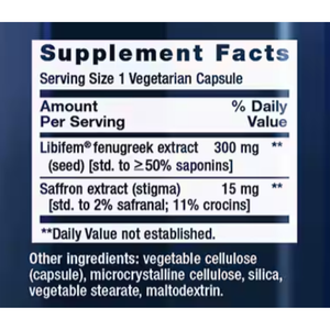 Supplement facts label for Libifem fenugreek extract and saffron extract on a blue background.