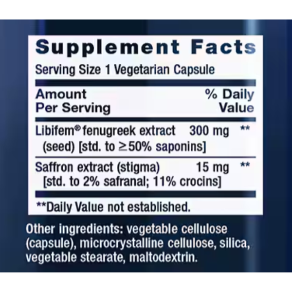 Supplement facts label for Libifem fenugreek extract and saffron extract on a blue background.