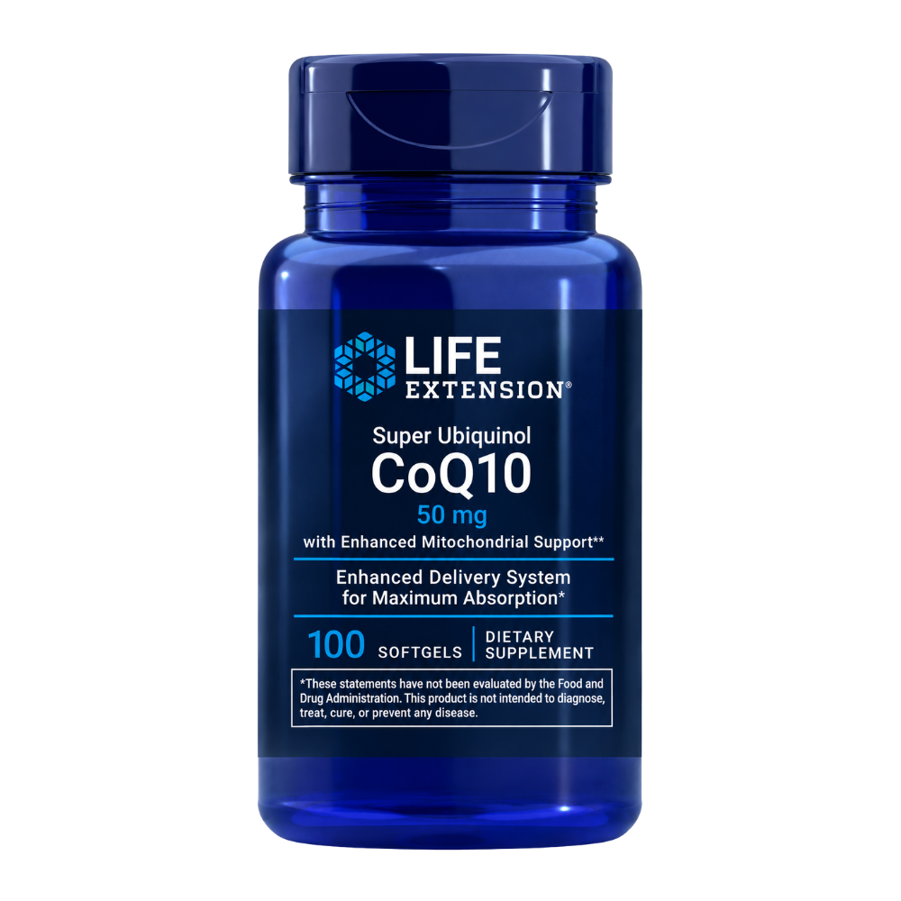 Life Extension Super Ubiquinol CoQ10 with Enhanced Mitochondrial Support bottle on a white background