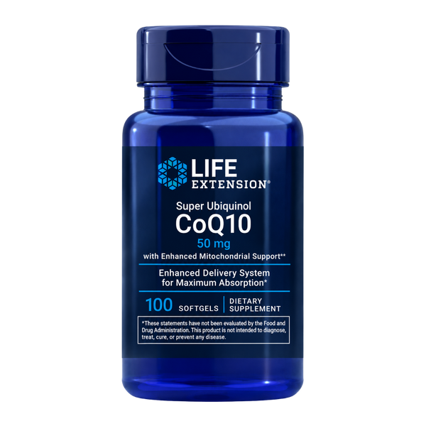Life Extension Super Ubiquinol CoQ10 with Enhanced Mitochondrial Support bottle on a white background