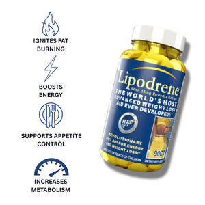 Hi-Tech Pharmaceuticals Lipodrene bottle on a white background with a list of 4 highlights.