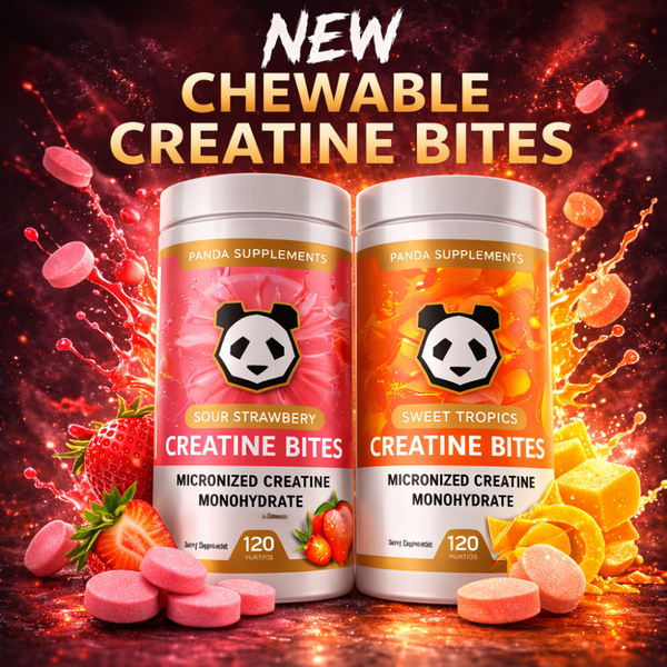 Panda Supps Creatine Bites. A tub of Sour Strawberry and Sweet Tropics are displayed agains a pink, orange and yellow background.