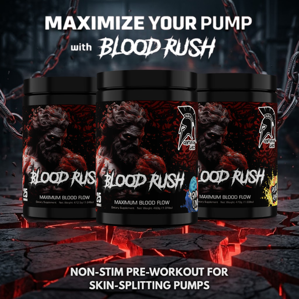 Centurion Labz Blood Rush lifestyle image with all 3 flavors displayed on the image.