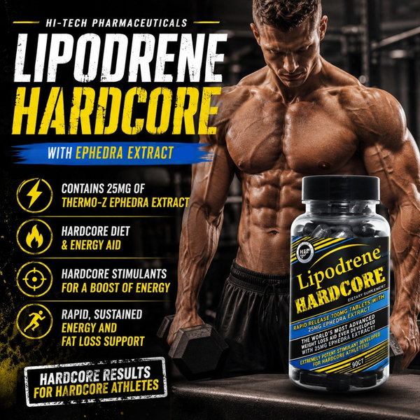 Lipodrene Hardcore supplement with a muscular man in the background