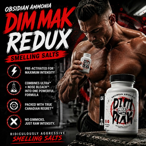 Promotional image of 'DIM MAK REDUX' smelling salts with a muscular man holding the product.