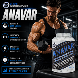 Hi-Tech Pharmaceuticals Anavar supplement advertisement featuring a muscular athlete performing a dumbbell curl in a dark gym setting. The image highlights the Anavar bottle alongside key benefits including lean muscle growth, increased strength, workout intensity, muscular endurance, and physique support. Bold blue and white typography combined with dramatic lighting creates a high-energy fitness marketing design focused on performance and physique enhancement.