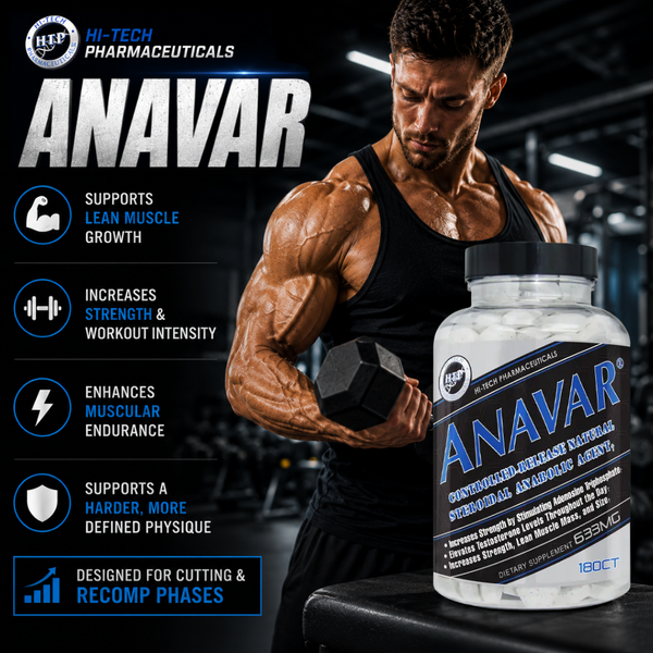 Hi-Tech Pharmaceuticals Anavar supplement advertisement featuring a muscular athlete performing a dumbbell curl in a dark gym setting. The image highlights the Anavar bottle alongside key benefits including lean muscle growth, increased strength, workout intensity, muscular endurance, and physique support. Bold blue and white typography combined with dramatic lighting creates a high-energy fitness marketing design focused on performance and physique enhancement.
