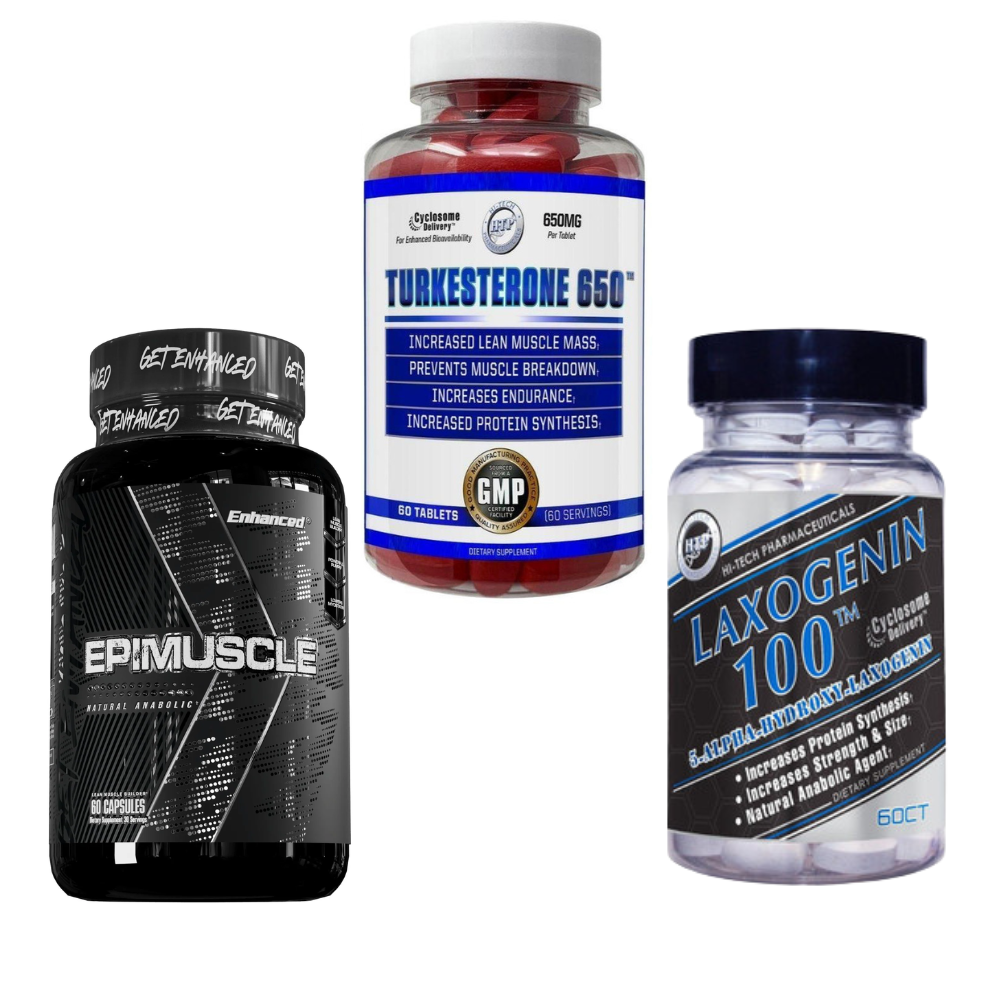 Three supplement bottles labeled 'Epic Muscle', 'Turkesterone 650', and 'Laxogenin 100' on a white background.
