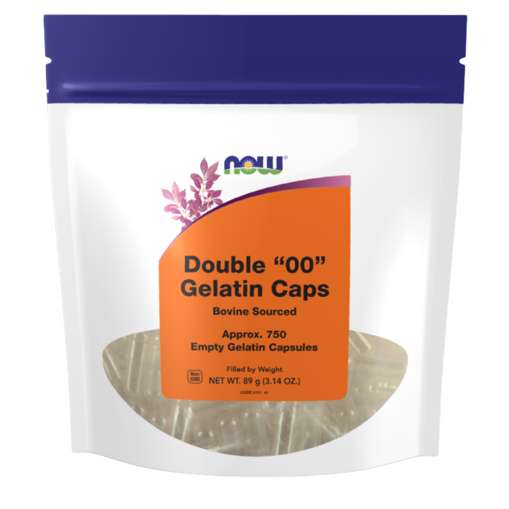 A stand-up resealable pouch of NOW Double '00' Gelatin Caps on a plain white background. The package has a dark blue top, a large orange front label, and a clear lower section showing gelatin capsules inside.
