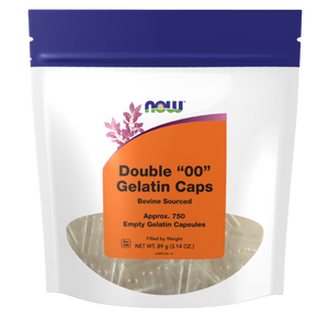 A stand-up resealable pouch of NOW Double '00' Gelatin Caps on a plain white background. The package has a dark blue top, a large orange front label, and a clear lower section showing gelatin capsules inside.