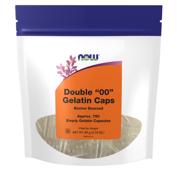 A stand-up resealable pouch of NOW Double '00' Gelatin Caps on a plain white background. The package has a dark blue top, a large orange front label, and a clear lower section showing gelatin capsules inside.