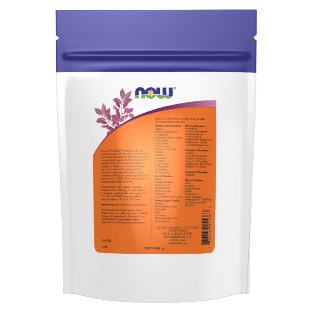 A stand-up resealable pouch of NOW Double '00' Gelatin Caps on a plain white background. The package has a dark blue top, a large orange front label, and a clear lower section showing gelatin capsules inside.