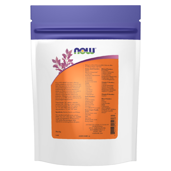 A stand-up resealable pouch of NOW Double '00' Gelatin Caps on a plain white background. The package has a dark blue top, a large orang back label.