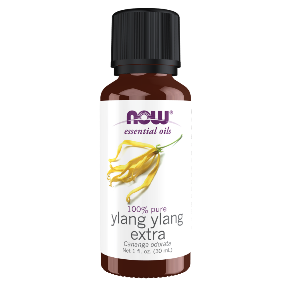 A 1 fl. oz. now foods essential oil bottle 100% pure ylang ylang extra