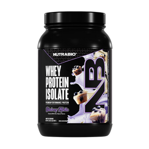 Black container of NutraBio whey protein isolate with blueberry muffin flavor on a white background