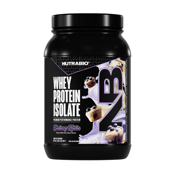 Black container of NutraBio whey protein isolate with blueberry muffin flavor on a white background